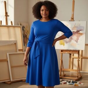 NWT Fenjar Royal Blue Fit Flare Dress 2XL Midi 3/4 Sleeve Party Career Plus